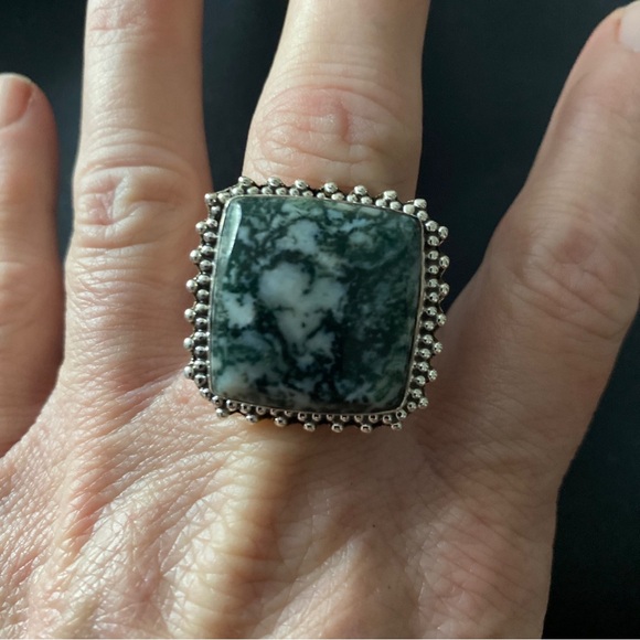 Jewelry - Moss Agate square Sterling silver ring. Size 10